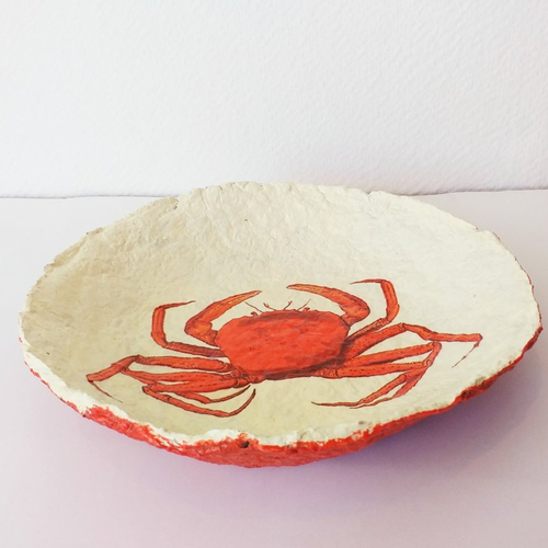 Bol / coupe en papier maché - fait main - décor crabe rouge
