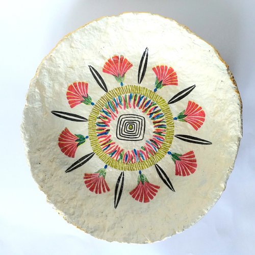 Bol / coupe en papier maché - fait main - décor coloré graphique totem en cercle