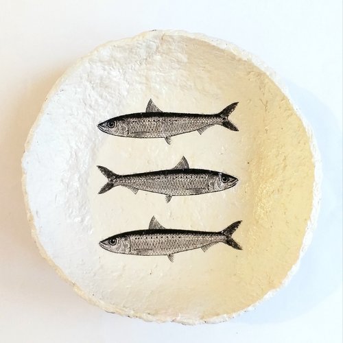 Bol / coupe en papier maché - fait main - décor 3 sardines