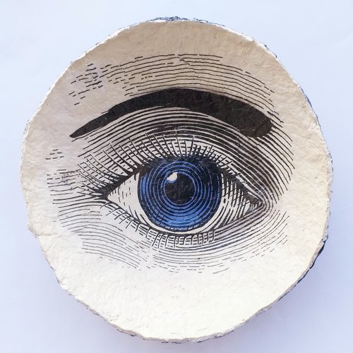 Bol / coupe en papier maché - fait main - décor dessin d'oeil noir et bleu