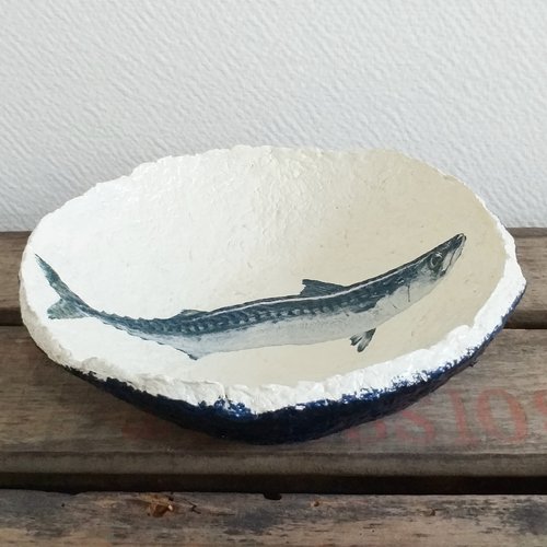 Bol / coupe en papier maché - fait main - décor thon bleu marine et blanc