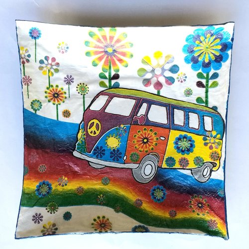 Coupelle carrée en papier maché - fait main - décor combi minibus volkswagen coloré sur fond fleuri hippie