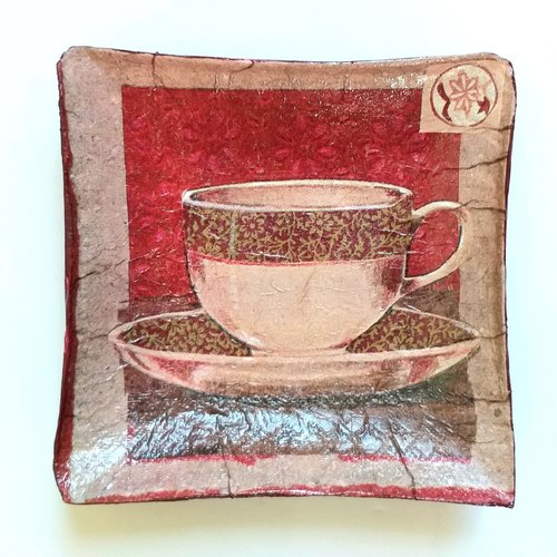 Coupelle carrée en papier maché - fait main - décor belle tasse à thé