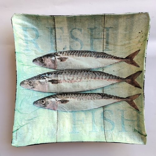 Coupelle carrée en papier maché - fait main - décor poissons sardines