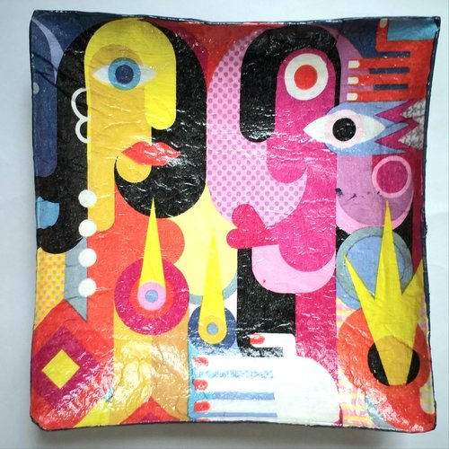 Petite coupelle carrée en papier maché - fait main - décor tableau abstrait figuratif coloré