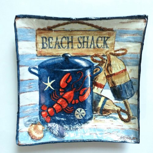 Coupelle carrée en papier maché - fait main - décor éléments marins (pot, bouées et coquillage) beach shack