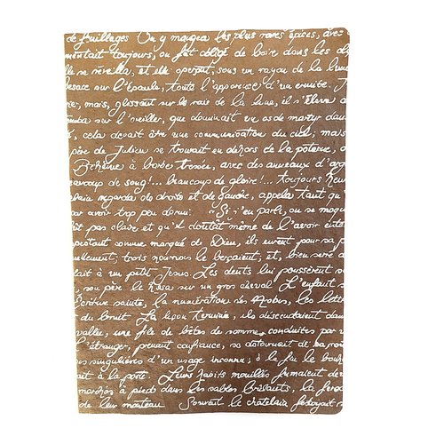 Cahier  a4 bullet - couverture papier népalais motifs lignes d'écritures blanches sur fond marron glacé