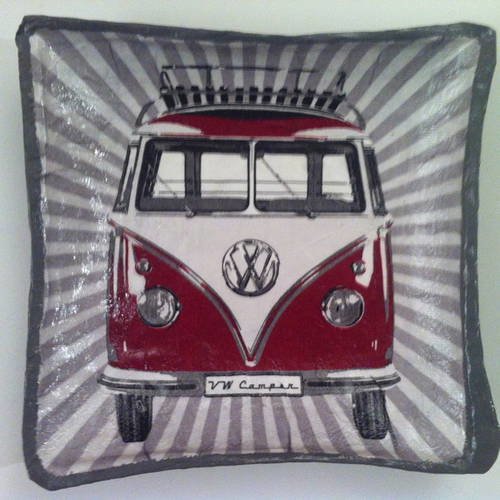 Coupelle carrée en papier maché - fait main - décor combi minibus volkswagen rouge bordeaux sur fond gris 