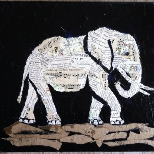 Eléphant  : collage et peinture acrylique noire 