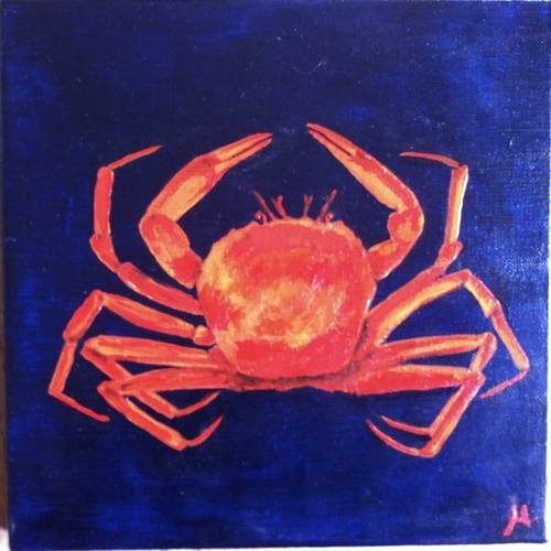 Tableau crabe rouge sur fond bleu nuit (acrylique) 