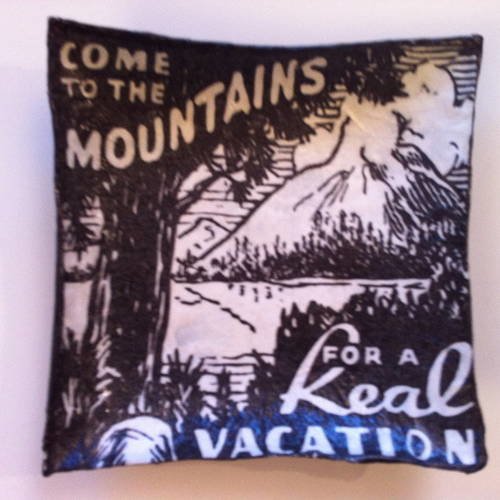 Coupelle carrée en papier maché - fait main - décor publicité vintage américaine "come to the mountains 