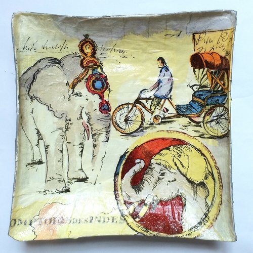 Coupelle carrée en papier maché - fait main - décor comptoir des indes - éléphant