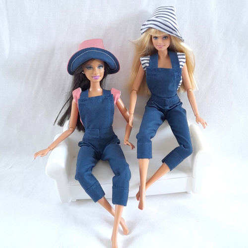 Vêtements pour poupée barbie, cadeau petites filles, tenue chemisier, salopette et chapeau assorti, à l'unité
