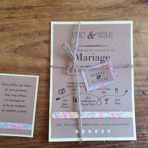Faire part mariage liberty pastel, invitation champetre, kraft et liberty, jaune et rose, lot de 10