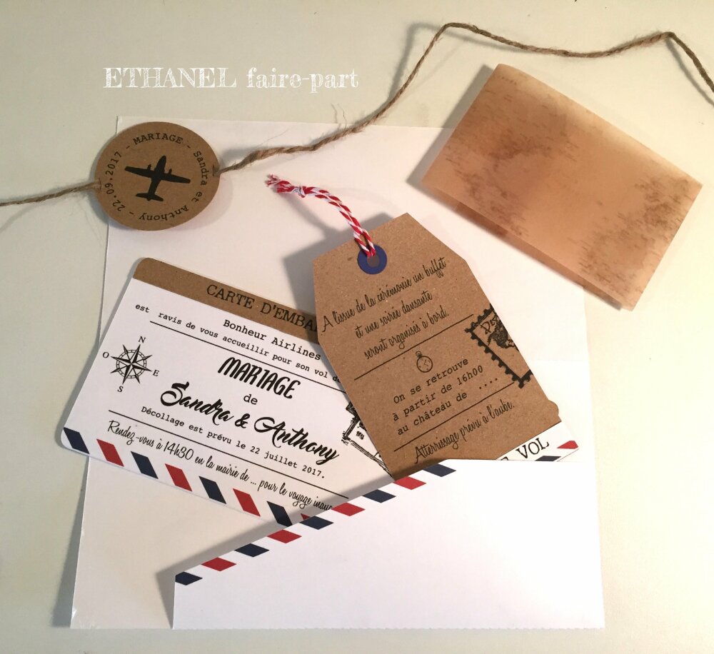 Faire part de mariage d'Emeline & Melvin thème voyage : un billet d'avion,  carte embarquement très floral – Créatrice de faire-part