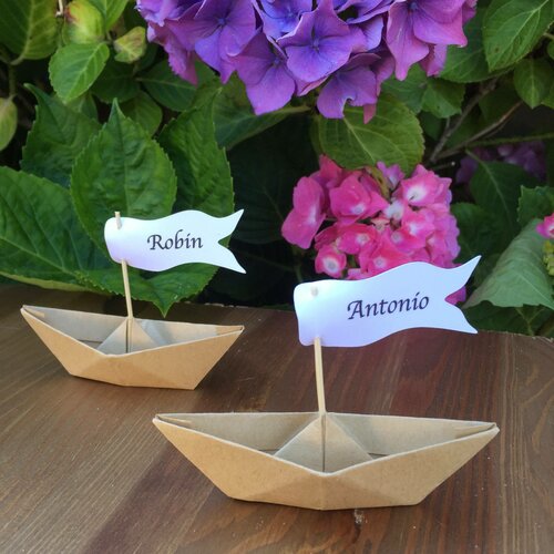 Marque place mariage, bateau origami, kraft et blanc, lot de 10
