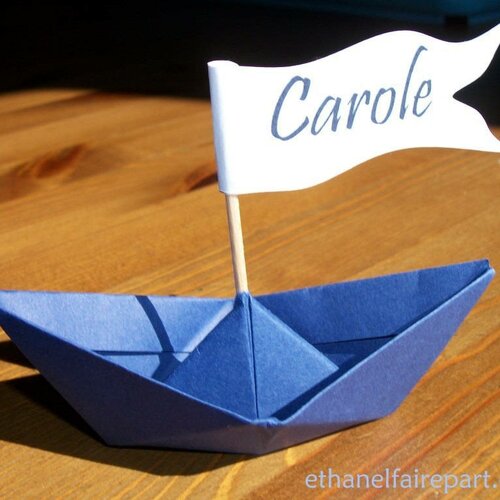 Marque place mariage, bateau bleu, origami, lot de 10