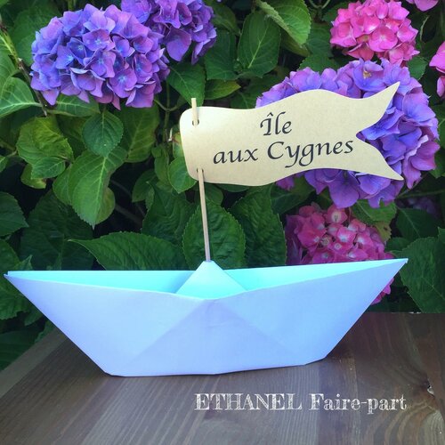 Nom de table mariage bateau, bateau origami, blanc et kraft, lot de 2