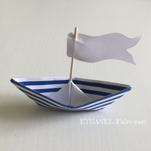 Marque place bateau origami, bateau bleu et blanc, porte nom mariage, lot de 10