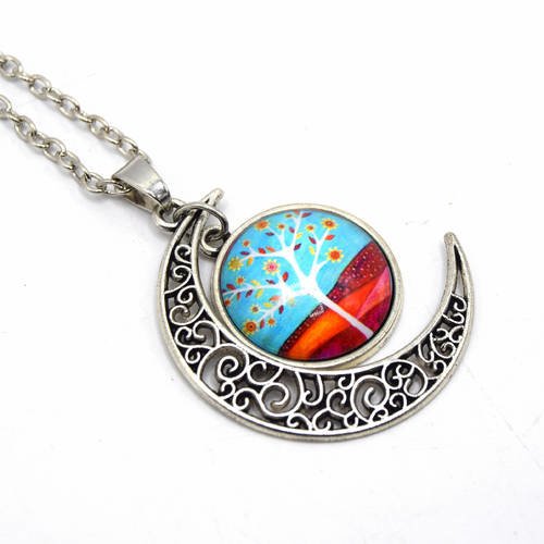 Pendentif cabochon croissant de lune  arbre de vie - croissant de lune cabochon arbre de vie, bijoux cabochon verre