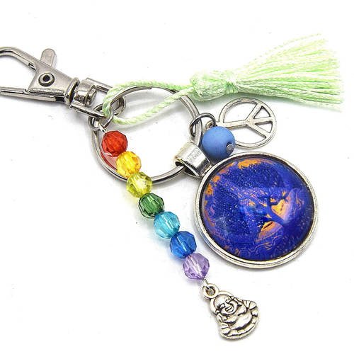 Porte-clés arbre de vie  , décoration sac à main, bijoux cabochon arbre de vie pompon vert, bouddha, bijoux feng shui, perles chakras