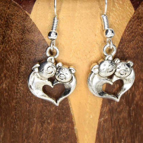 Boucles d'oreille coeur cochons argentés, clips d'oreilles cochons coeur argentés 