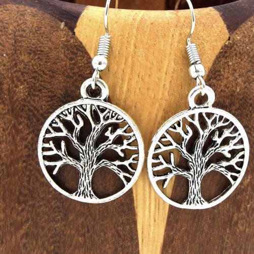 Boucles d'oreilles arbre de vie ronde argentées , clips arbre de vie argentées 