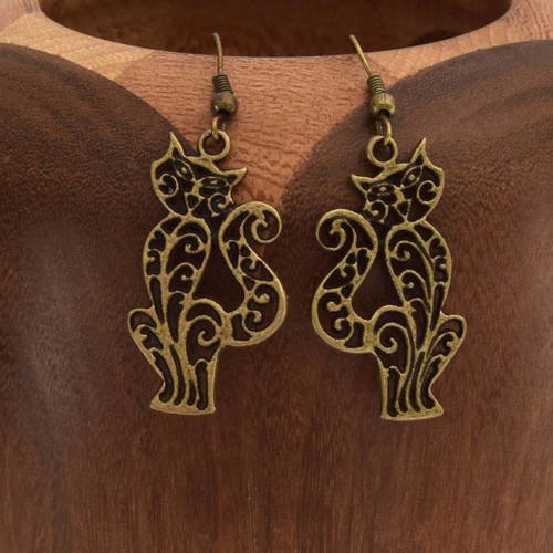 Boucles d'oreille chats dentelles en bronze 