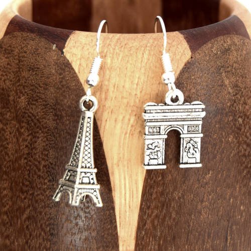 Boucles d'oreille monuments de paris,  tour eiffel et arc de triomphe monuments français 