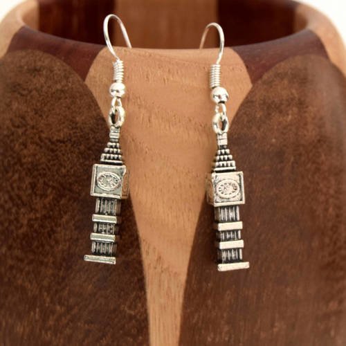 Boucles d'oreille big ben argenté 3d, clips tour de londre monument anglais 