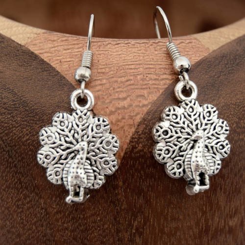 Boucles d'oreille paons argentés, clips d'oreilles paons argentés 