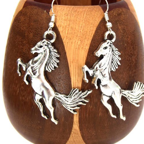 Boucles d'oreille grands chevaux cabrés argentés, breloque chevaux très grande taille argentés 