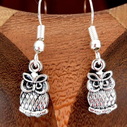 Boucles d'oreille chouettes argentés, clips chouettes argentés 