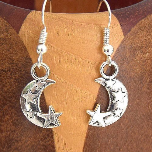 Boucles d'oreille croissants de lune argentés petites étoiles, clips croissants de lunes argentés petites étoiles 