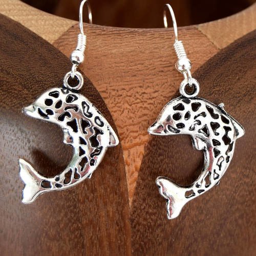 Boucles d'oreilles grand dauphin argent vieilli, clips dauphin argent vieilli 