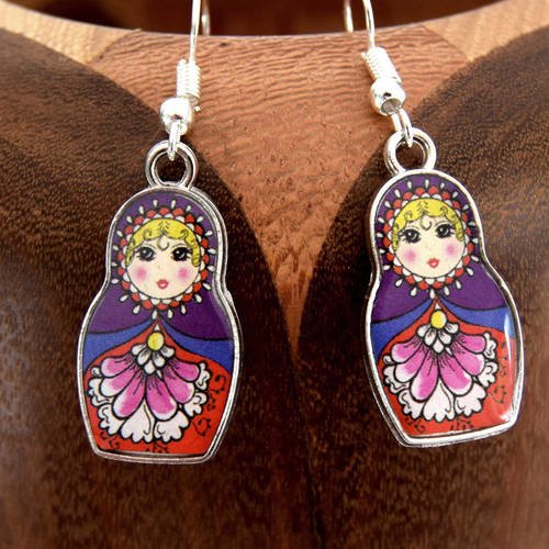 Boucles d'oreilles matriochka violet , clips matriochka violet 