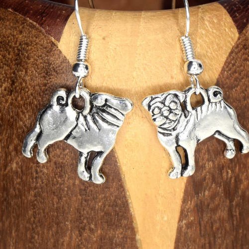 Boucles d'oreilles chien métal argenté recto/verso , clips chien carlin argenté 