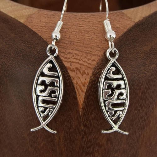 Boucles d'oreilles poisson symbole de la vie argenté, clips poisson &quot;jesus&quot; argenté 