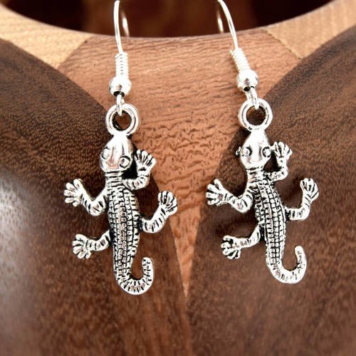 Boucles d'oreilles salamandre argent vieilli, clips lezard argent vieilli 