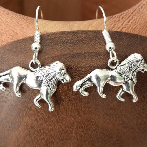 Boucles d'oreilles lions, clips lions argentés 