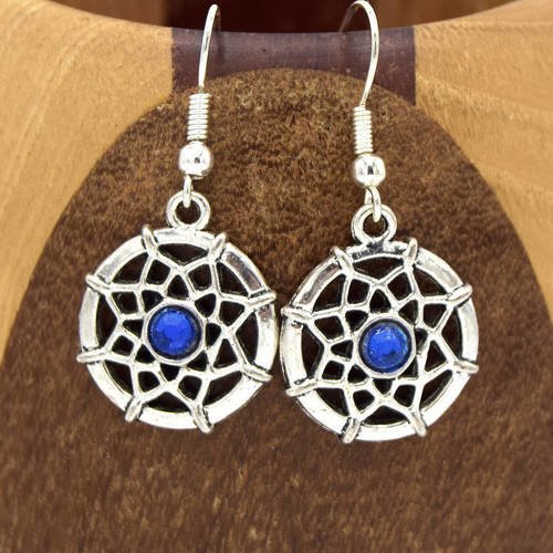 Boucles d'oreilles dreamcather strass bleu argentées, clips attrapes rêves argentées 