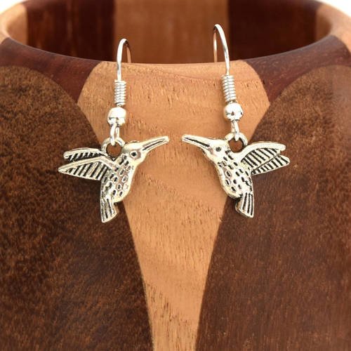 Boucles d'oreille petit oiseau geai argenté, clips geais argentés 