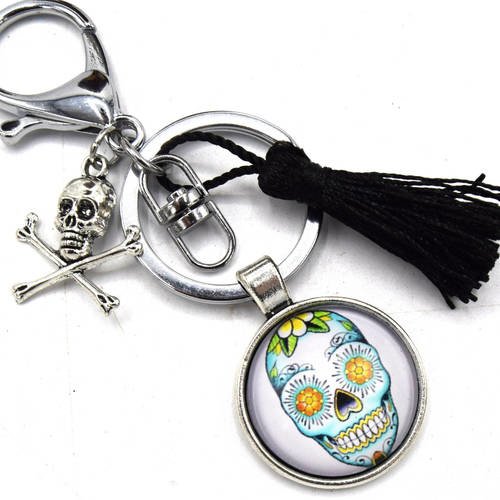 Porte-clés cabochon crâne mexicain pompon noir - les crânes mexiacains mexican skull, dia de los muertos ou calavera