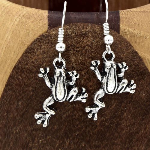 Boucles d'oreilles petites grenouille argent tibétain, clips  petites grenouille argentées 