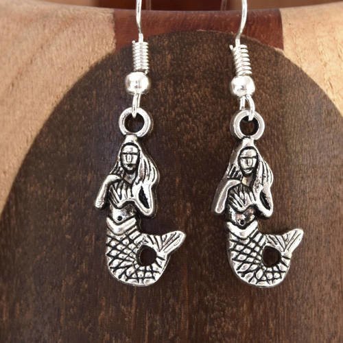 Boucles d'oreilles petit sirène argent vieilli, clips petit sirène argent vieilli 
