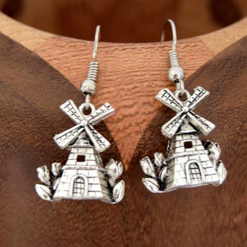 Boucles d'oreilles moulin à vent argent vieilli, clips moulin à vent argent vieilli 