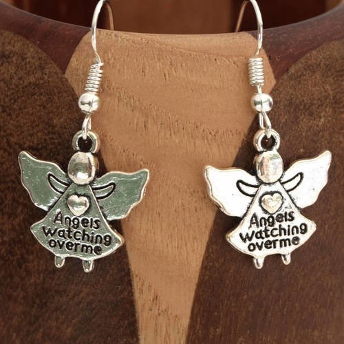 Boucles d'oreilles  ange message argent vieilli, clips petit ange argent vieilli