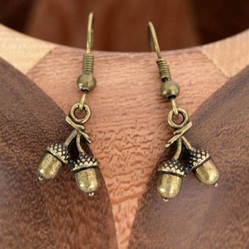 Boucles d'oreilles glands de chêne en bronze, clips glands en bronze 