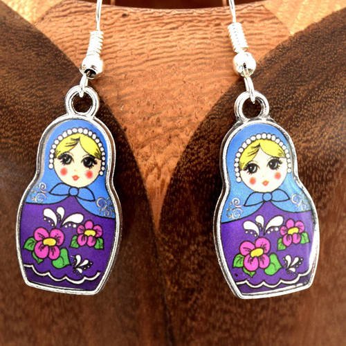 Boucles d'oreilles matriochka bleu , clips matriochka bleu