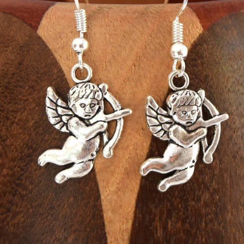 Boucles d'oreilles cupidon argent vieilli, clips petit cupidon argent vieilli 